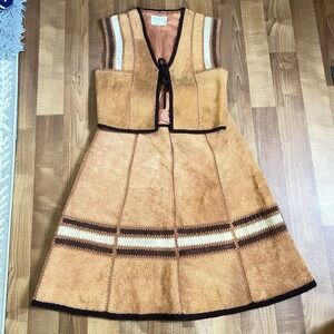 Vintage 70's Real‎ Suede Leather Tan and Brown Vest and Skirt Set Size 14